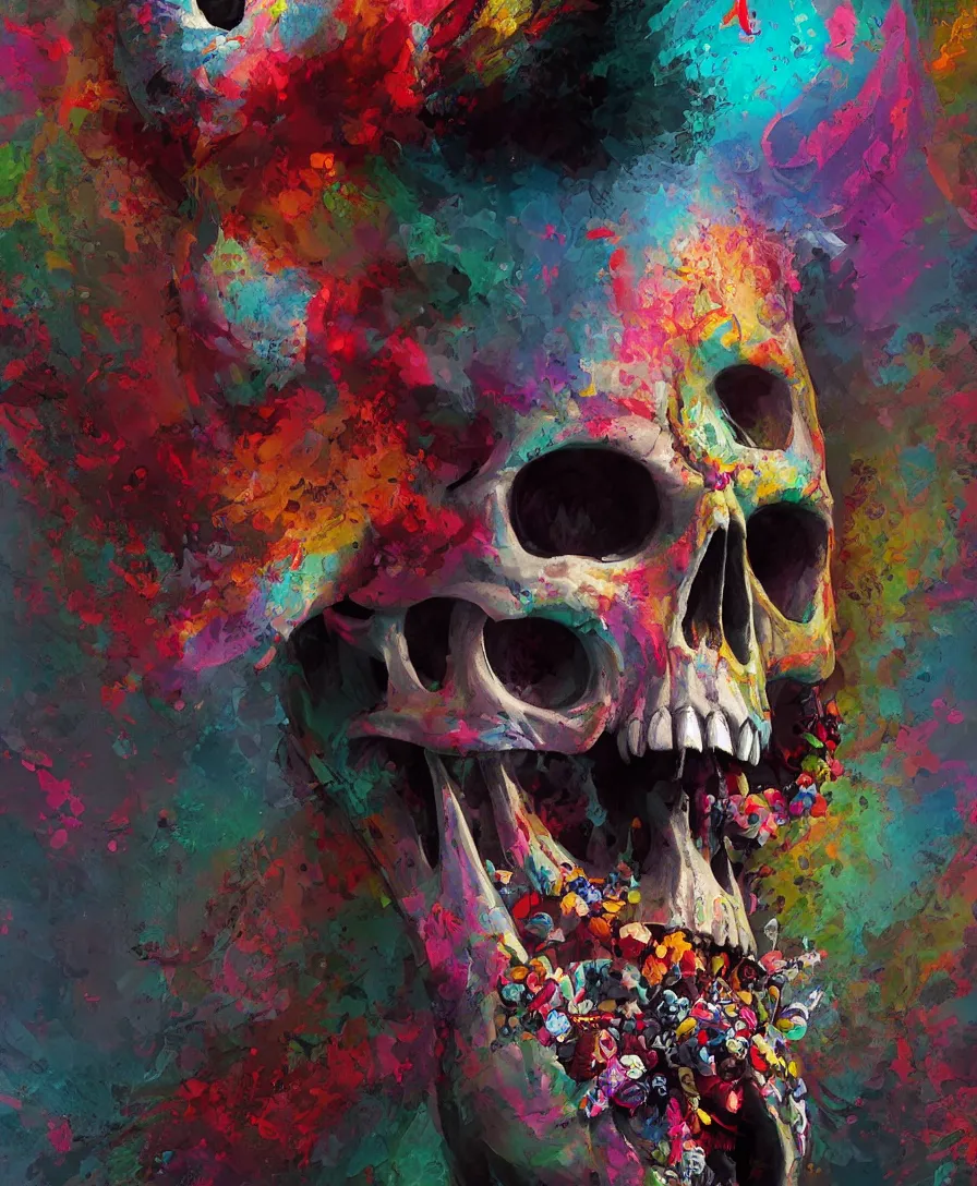 Prompt: colorful skull clown, intricate, elegant, highly detailed, digital painting, artstation, concept art, sharp focus, illustration, vibrante colors, art by Greg rutkowski