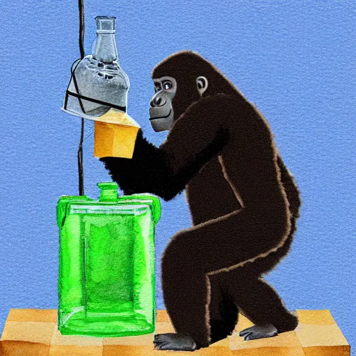 Prompt: a gorilla dressed as an electrician drinking a jug of moonshine in minecraft, watercolors by 5 year old, vintage