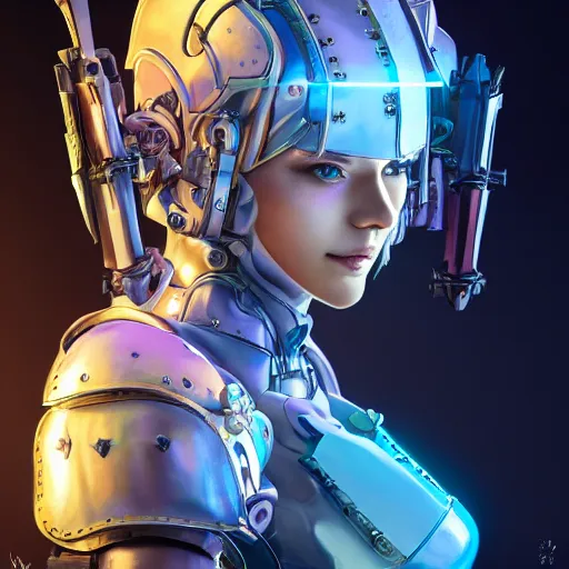 Image similar to studio portrait of lawful good colorful female holy mecha paladin absurdly beautiful, elegant, young sensual graceful woman, ultrafine hyperrealistic detailed face illustration by kim jung gi, irakli nadar, intricate linework, sharp focus, bright colors, matte, octopath traveler, final fantasy, unreal engine highly rendered, global illumination, radiant light, intricate environment