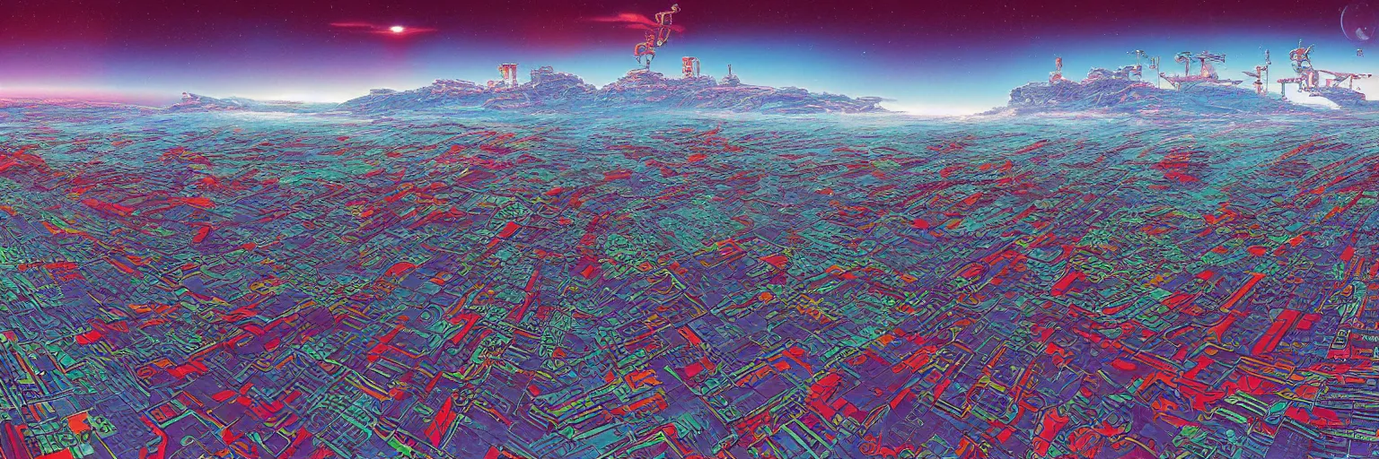 Image similar to a hyperrealistic rendering of a pop art scifi illustration panorama landscape pattern, deep color, futuristic, cyber by Peter Elson and Kawase Hasui, scifi superrealism