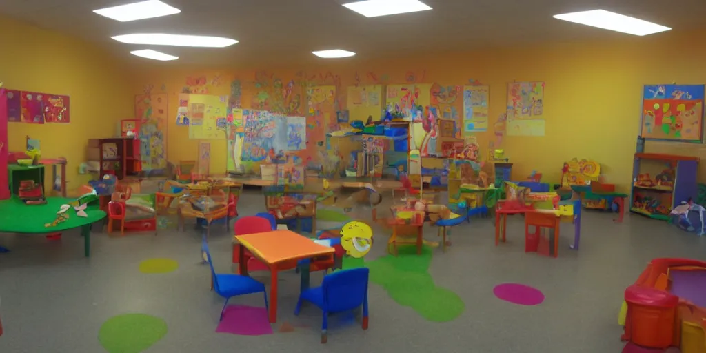 Image similar to childrens daycare indoors limital space, dimly lit, creepy photo