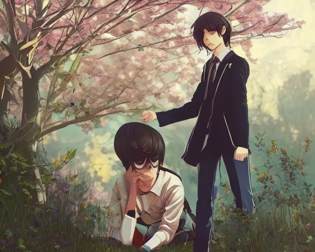 Image similar to boy's love high school scene spring setting, high detail, perfect proportions, realistic shaded lighting poster, smooth sharp contrast, ilya kuvshinov katsuhiro, loish, clamp style trending on art station - h 6 4 0