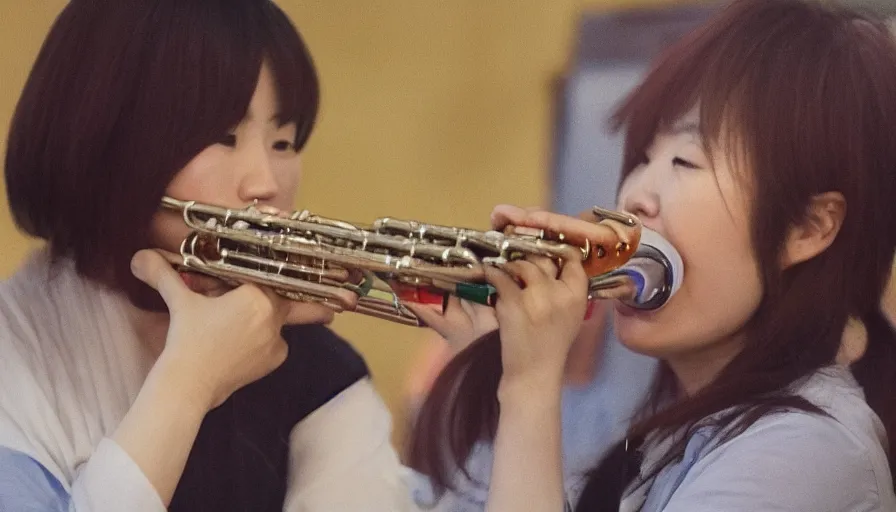 Prompt: Photo of a Korean woman playing a recorder with her nose. In the style of Dmitry Ageev