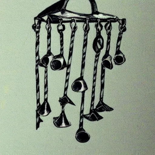 Image similar to This is a sketch of a wind chime made from the pieces of a broken mug. It shows the mug handle as the top piece with strings attached to it, and the bottom pieces of the mug hanging down like little bells, sketch, illustration, artstation