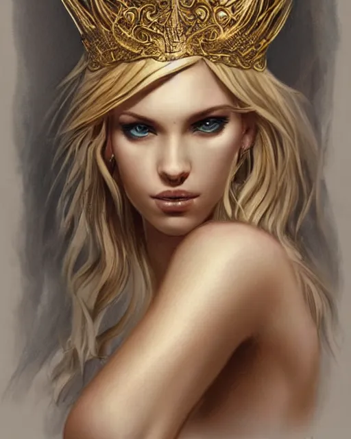 Image similar to tattoo sketch of blonde super model aphrodite greek goddess wearing a gold laurel wreath and triangle earrings, beautiful piercing gaze with sharp pupils, in the style of greg rutkowski, fantasy, amazing detail, epic, elegant, smooth, sharp focus, front view