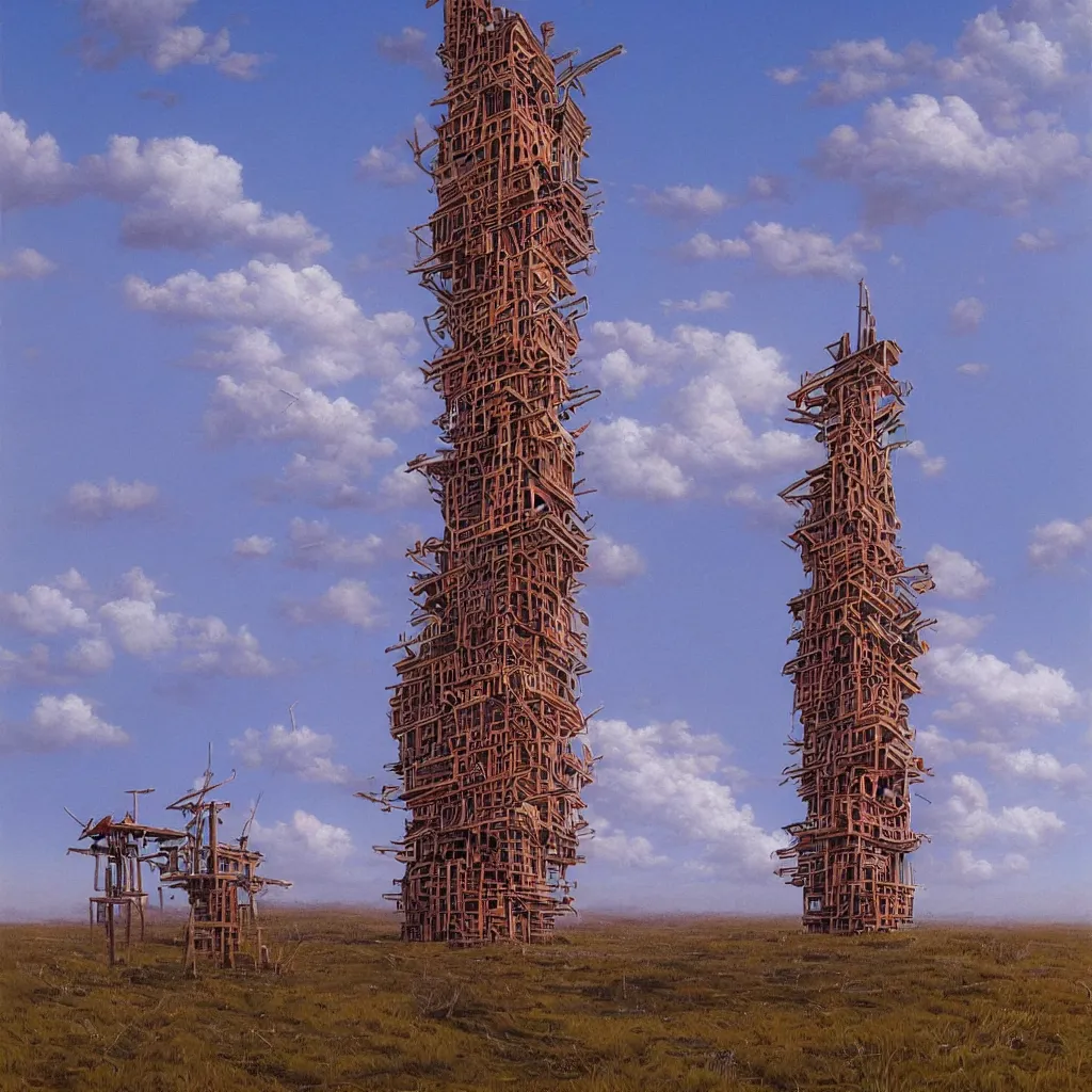 Prompt: a single! colorful! wooden tower clear empty sky, a high contrast!! ultradetailed photorealistic painting by michael whelan, hard lighting, masterpiece