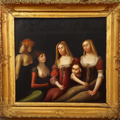 Prompt: Renaissance oil painting of a group of creepy young ladies