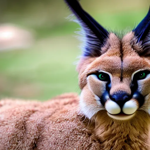 Image similar to a cinematic film still of a claymation stop motion film starring cute fluffy caracal, shallow depth of field, 8 0 mm, f 1. 8