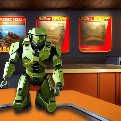 Image similar to Master Chief in Burger King, highly detailed, HD resolution, cinematic lighting,