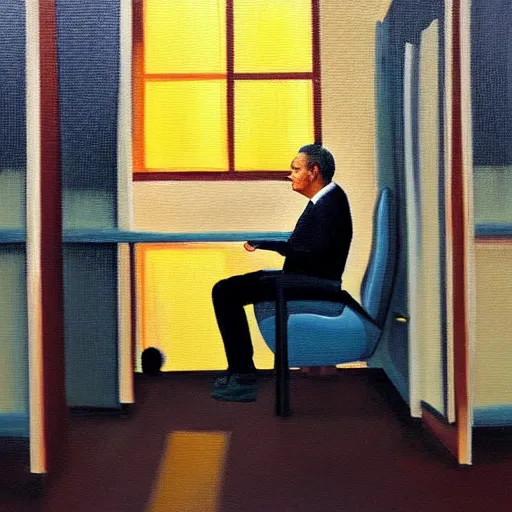 Image similar to viktor orban meditating in a cubicle, oil painting