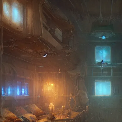 Image similar to blue ghostly spirits floating in a ship cabin, fantasy, D&D, by Greg Rutkowski