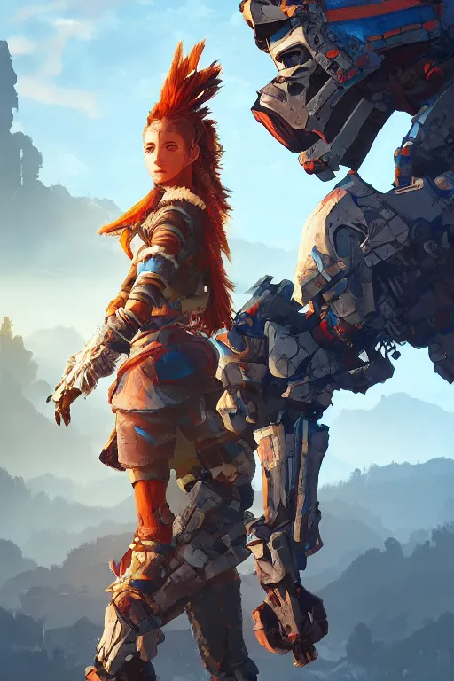 Image similar to combination suit armor aloy horizon forbidden west horizon zero dawn radiating a glowing aura global illumination ray tracing hdr fanart arstation by ian pesty and alena aenami artworks in 4 k tribal robot ninja mask helmet backpack