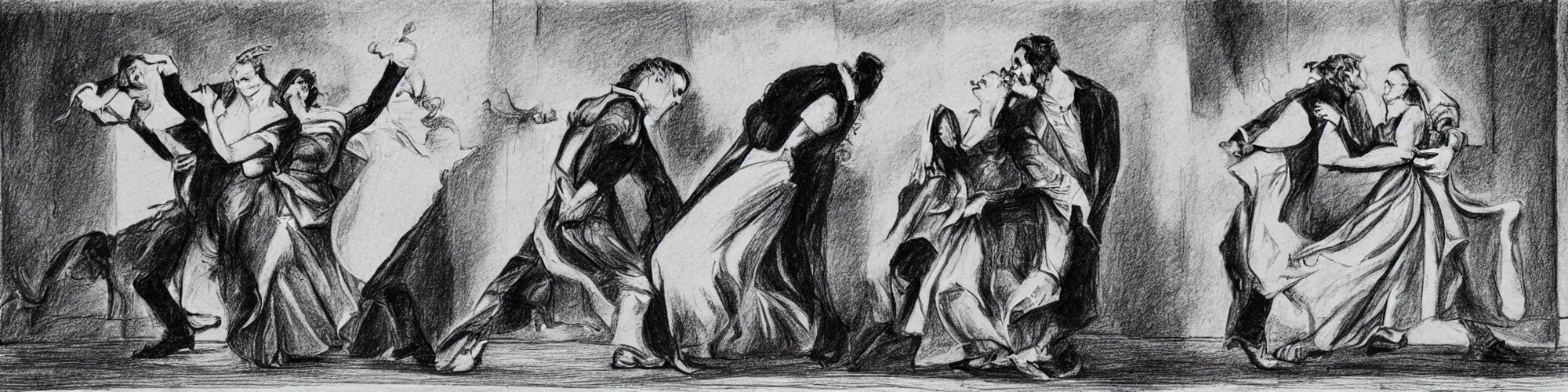 Prompt: frankenstein and his bride doing the silly walk in the ministry of silly walks, motion study, pencil drawing, very detailed, very silly