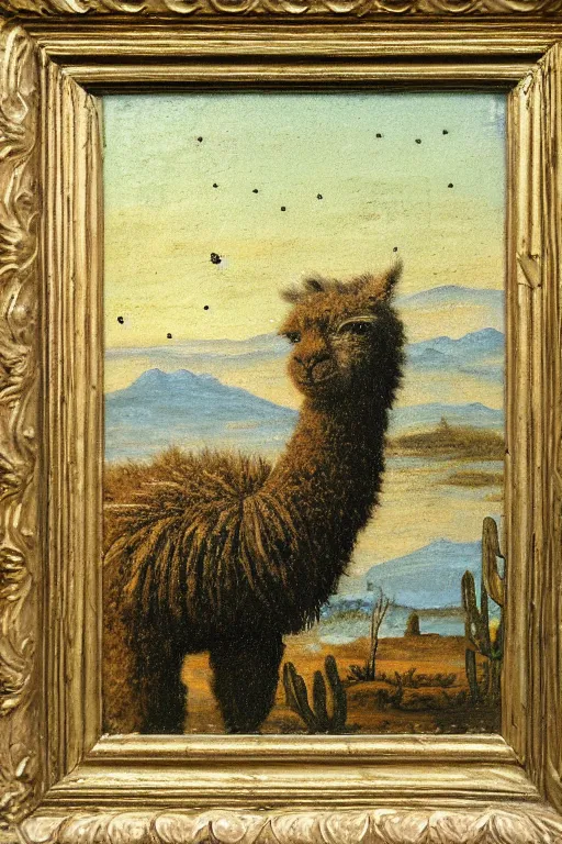 Image similar to detailed renaissance oil painting of an alpaca shaped building standing in the desert of pastel feathers lit by small fireflies at night