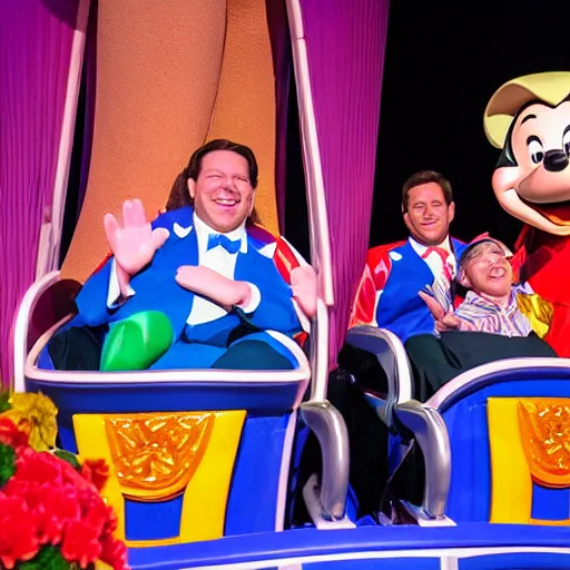 Image similar to three child puppets inside the its a small world ride at disneyland that look like greg abbott in a wheelchair and donald trump and ron desantis, highly detailed, high definition, ultra realistic