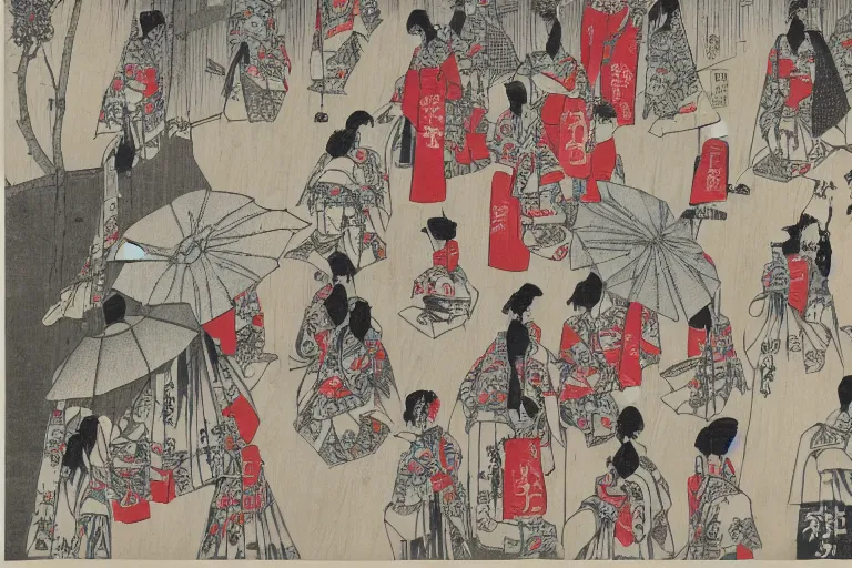 Image similar to geishas walking with umbrellas patterned dresses highly detailed fine wood block print