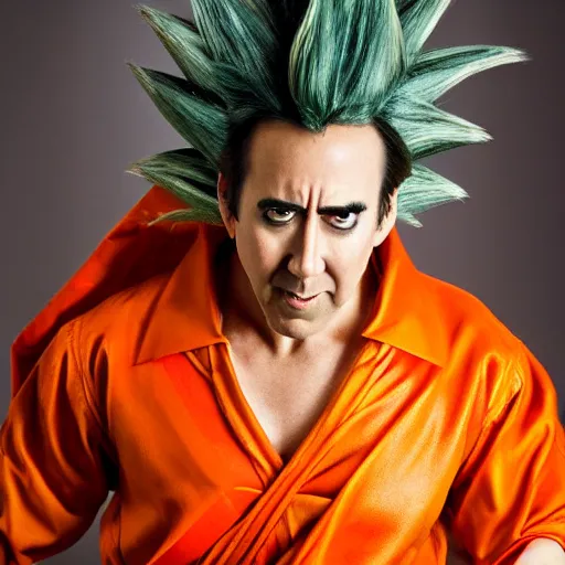 Image similar to nicholas cage wearing a goku from dragon ball z cosplay. photography. 4 k. photoshoot. full body.