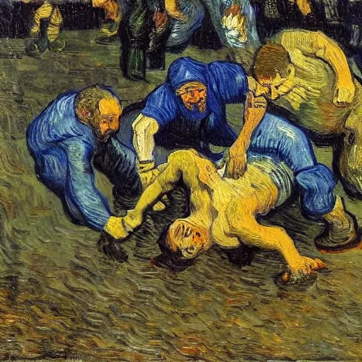 Image similar to 3 drunks fall over mud - wrestling,, oil painted ( ( ( ( ( ( by van gogh ) ) ) ) ) )