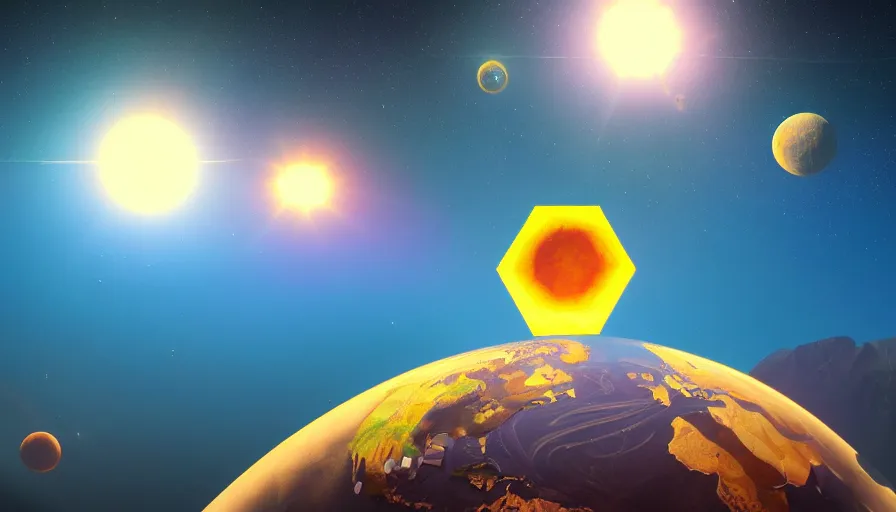 Image similar to hexagon in front of sun, planet earth visible below, trending on art station, 8 k, retro futurism