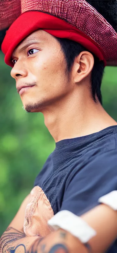 Image similar to “ a portrait photo of luffy, side shot, by professional photographer, 8 k resolution, high quality ”