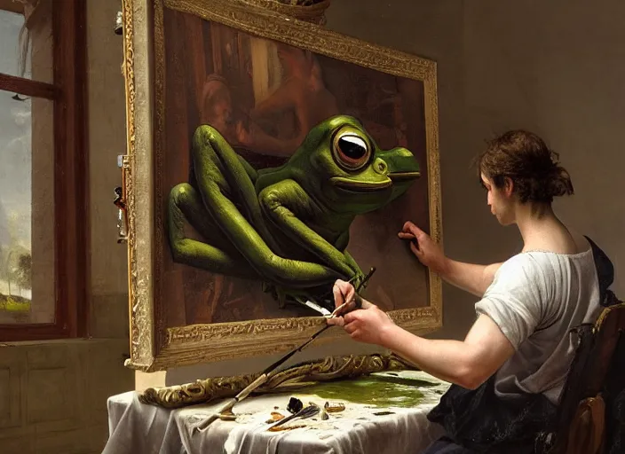 Prompt: a painter in his studio painting a picture of pepe the frog, by edgar maxence and caravaggio and michael whelan and delacroix style, artistic, intricate drawing, cinematic lighting, hyper realistic, extremely detailed, establishing shot, 8 k resolution, dramatic lighting