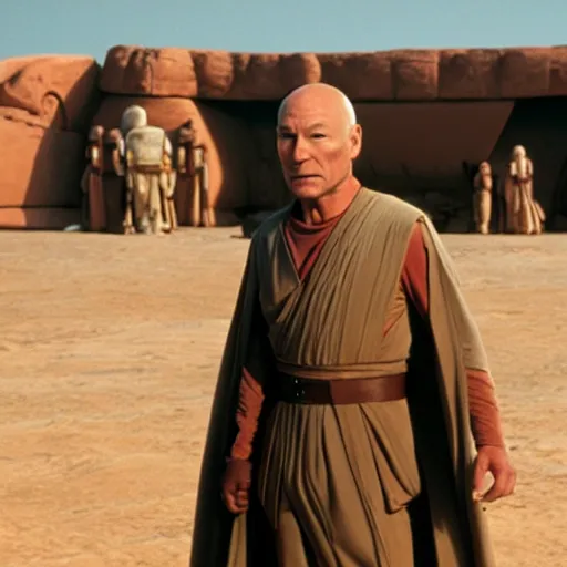 Prompt: patrick stewart as luke skywalker on tatooine