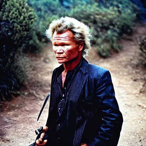 Prompt: uhd photorealisitc candid photo of john savage dressed as a savage. photo by annie leibowitz and steve mccurry