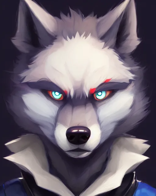 Prompt: character concept art of a dark gray anthropomorphic furry wolf red hair blue eyes | | cute - fine - face, pretty face, key visual, realistic shaded perfect face, fine details by stanley artgerm lau, wlop, rossdraws, james jean, andrei riabovitchev, marc simonetti, and sakimichan, artstation