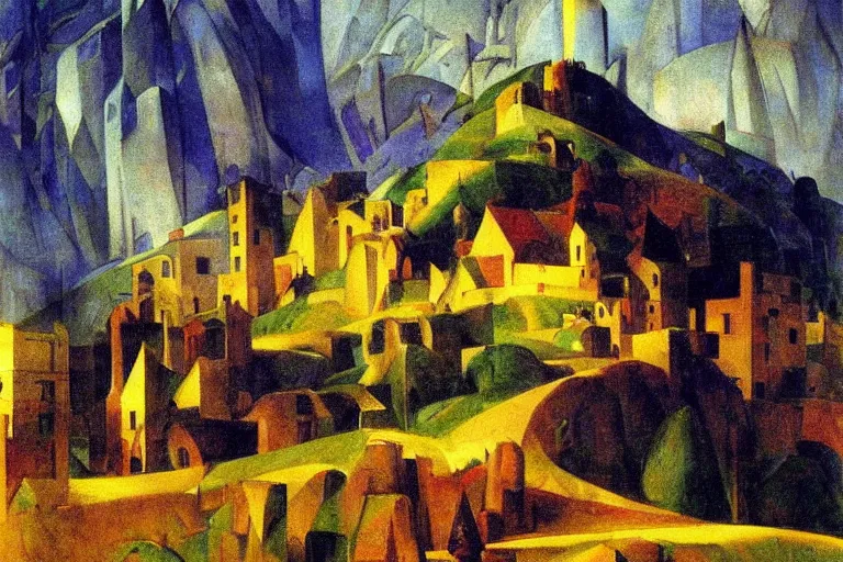 Image similar to a village of stone buildings built on the side of a hill, glowing with silver light, painting by Franz Marc, by Jean-Léon Gérôme, by Winsor McCay, today's featured photograph, 16K