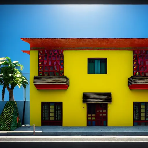 Image similar to freddy mamani silvestre house facade, highly detailed, photo, artstation, 3 d render, gta 6 style, sharp focus, environment lighting, style by wes anderson and vernacular signs, bolivian cholitas, 8 k, ultra realistic, glow, soft lighting, hyperrealistic, unreal engine