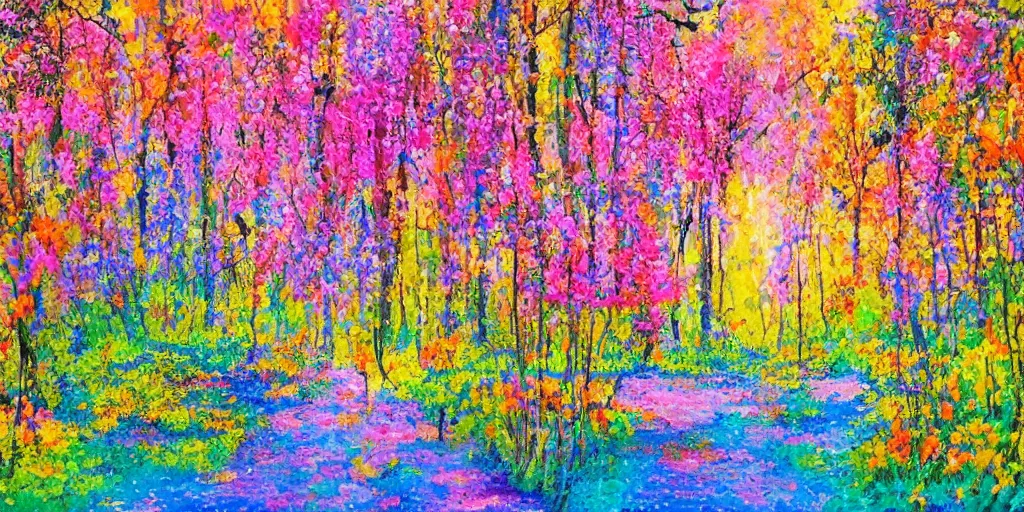 Image similar to luxurious primeval forest, flowers in bloom, colorful, peaceful, serene, colorful birds, in the style of André Chéret,