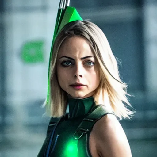 Image similar to film still of willa holland as an attractive female green arrow in the 2 0 1 7 film justice league, bleach blonde hair, focus - on - facial - details!!!!!!!!!!!!, minimal bodycon feminine costume, dramatic cinematic lighting, front - facing perspective, promotional art