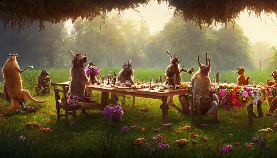 Prompt: a table dinner of exotic animals where animals are dressed like the characters from the midsommar movie wearing flowers, sharp focus, realistic detailed digital art by maxwell boas jessica rossier christian dimitrov anton fadeev trending on artstation cgsociety rendered in unreal engine 4 k hq