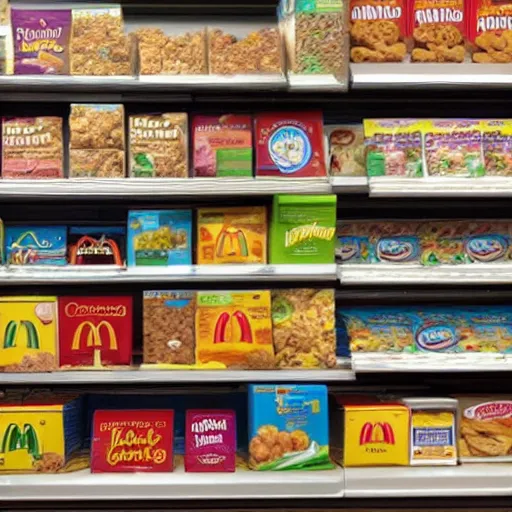 Prompt: mcdonald's cereal box on a grocery store shelf