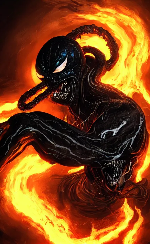 Image similar to venom as ghost rider, dynamic lighting, photorealistic fantasy concept art, trending on art station, stunning visuals, terrifying, creative, cinematic