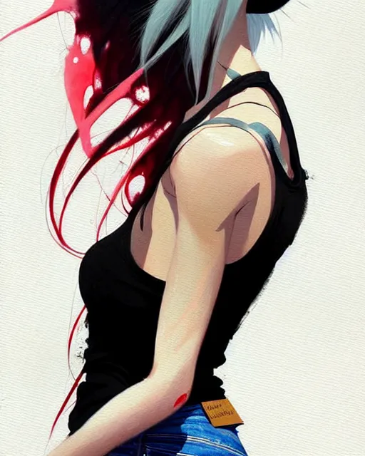 Image similar to a ultradetailed beautiful painting of a stylish woman, she is wearing a black tank top and jeans, she has white hair in a pony tail, by conrad roset, greg rutkowski and makoto shinkai trending on artstation