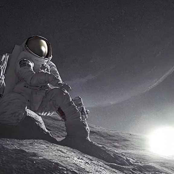 Prompt: dustin bates from starset band doing an epic cinematic pose on the moon, incredibly highly detailed, my demons video, masterpiece