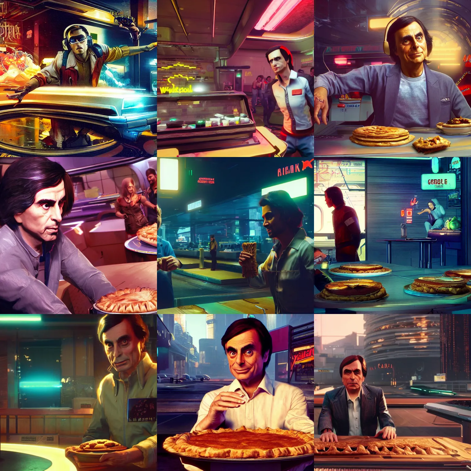 Prompt: carl sagan dodging a whole apple pie. cyberpunk 2 0 7 7. cp 2 0 7 7. 3 8 4 0 x 2 1 6 0