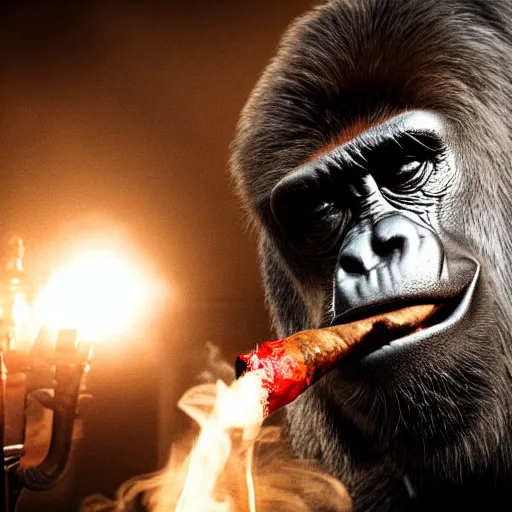 Image similar to a gorilla dressed as a mobster smoking a cigar, cinematic lighting, 4k, realistic