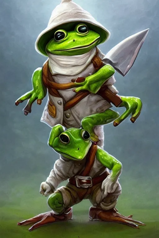 Image similar to cute anthropomorphic frog wearing a white butcher coat with a white butcher hat and holding a cleaver knife ,tiny, small, miniature frog, baby animal, short, pale blue armor, cute and adorable, pretty, beautiful, DnD character art portrait, matte fantasy painting, cgsociety Artstation, by Jason Felix by Steve Argyle by Tyler Jacobson by Peter Mohrbacher, cinematic lighting