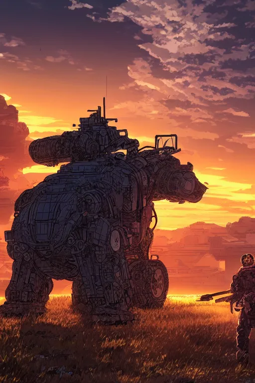 Image similar to A real photo of a Mechanical War-Bear and the sunset in the distance, by Josan Gonzalez, Yoji Shinkawa and Geof Darrow, highly detailed, Unreal Engine Render, 3D, 8k wallpaper