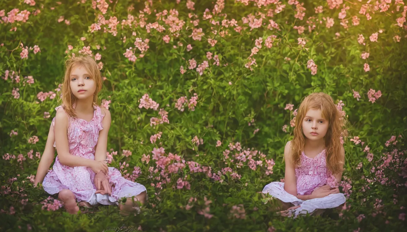 Prompt: a portrait of a girl sitting in a spring garden fine art photography in style of Lindsay Adler, bokeh light, natural colors scheme