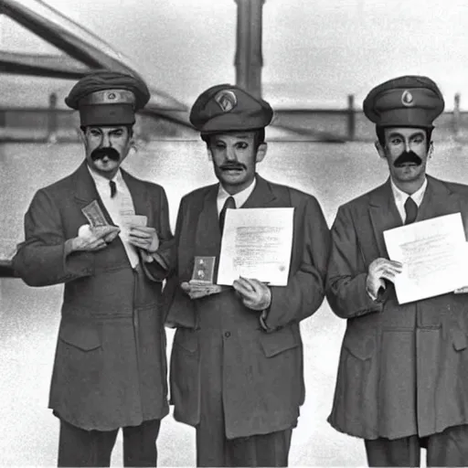 Image similar to mario and luigi receiving their citizenship on ellis island 1 9 3 8