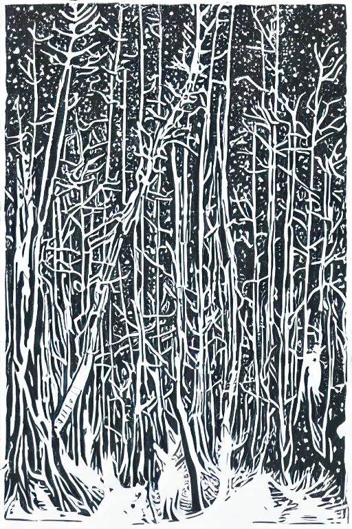 Prompt: a werewolf in a winter forest, reaction diffusion linocut, as reaction diffusion