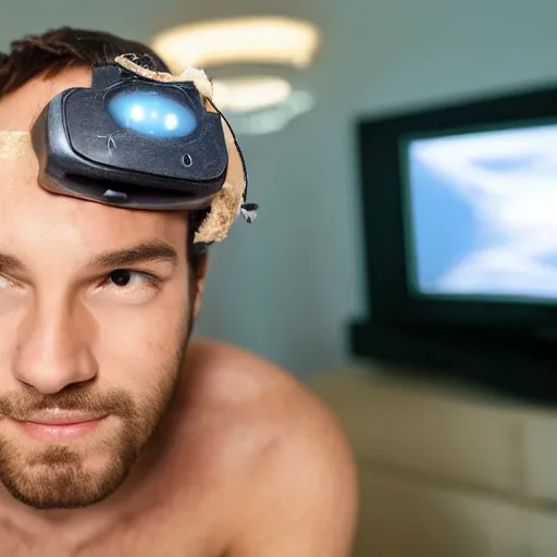 Image similar to man infused with TV on his head, detailed