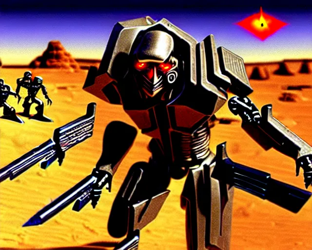 Image similar to cybernetic evil warzone bladed weapons razor projectiles humanoids goin stupid, desert scene