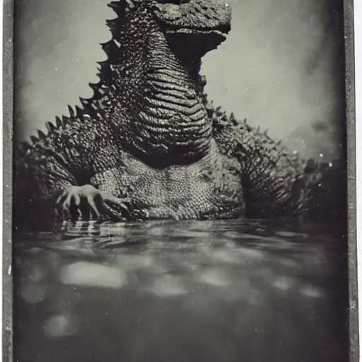 Image similar to tintype photo, underwater, Godzilla