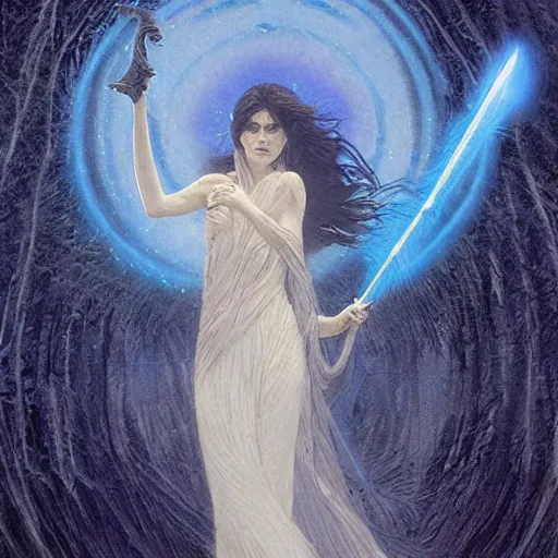 Image similar to a ghastly banshee holding a sword made of blue fire in one hand and a crystal chime in the other floating in the air in the middle of a swirling blizzard, digital painting by greg rutkowski and carlos schwabe