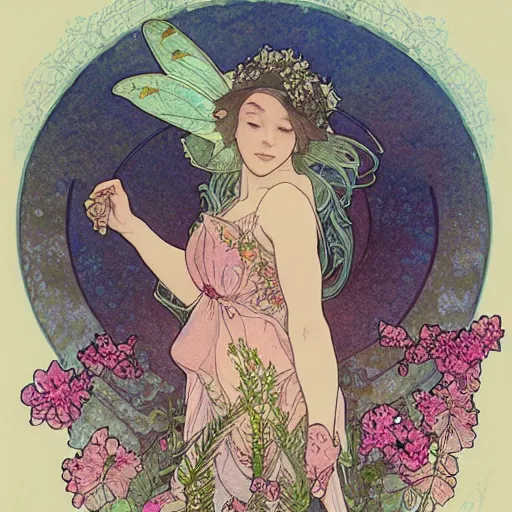 Prompt: a beautiful intricate watercolor illustration of a fairy with flowers, leaves, 4 k, ultra - wide angle, by william turner, by victo ngai, by alphonse mucha, by moebius, by gustave dore, hd, trending on artstation, hyper detailed, muted intense colors