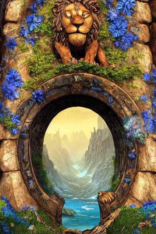 Image similar to A giant medieval fantasy blue energy portal gate with a rusty gold carved lion face at the center of it, the portal takes you to another world, full of colorful flowers on the lost Vibes and mountains in the background, spring, delicate fog, sea breeze rises in the air, by andreas rocha and john howe, and Martin Johnson Heade, featured on artstation, featured on behance, golden ratio, ultrawide angle, f32, well composed, rule of thirds, center spotlight, low angle view